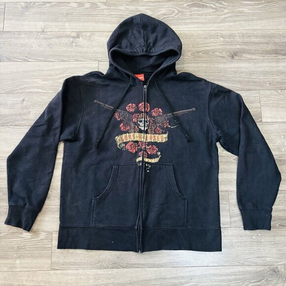 Guns-N-Roses Hoodie Vintage Ed Hardy Styled Two Pistols Sz L Skull Kanga Pouch - Picture 1 of 11